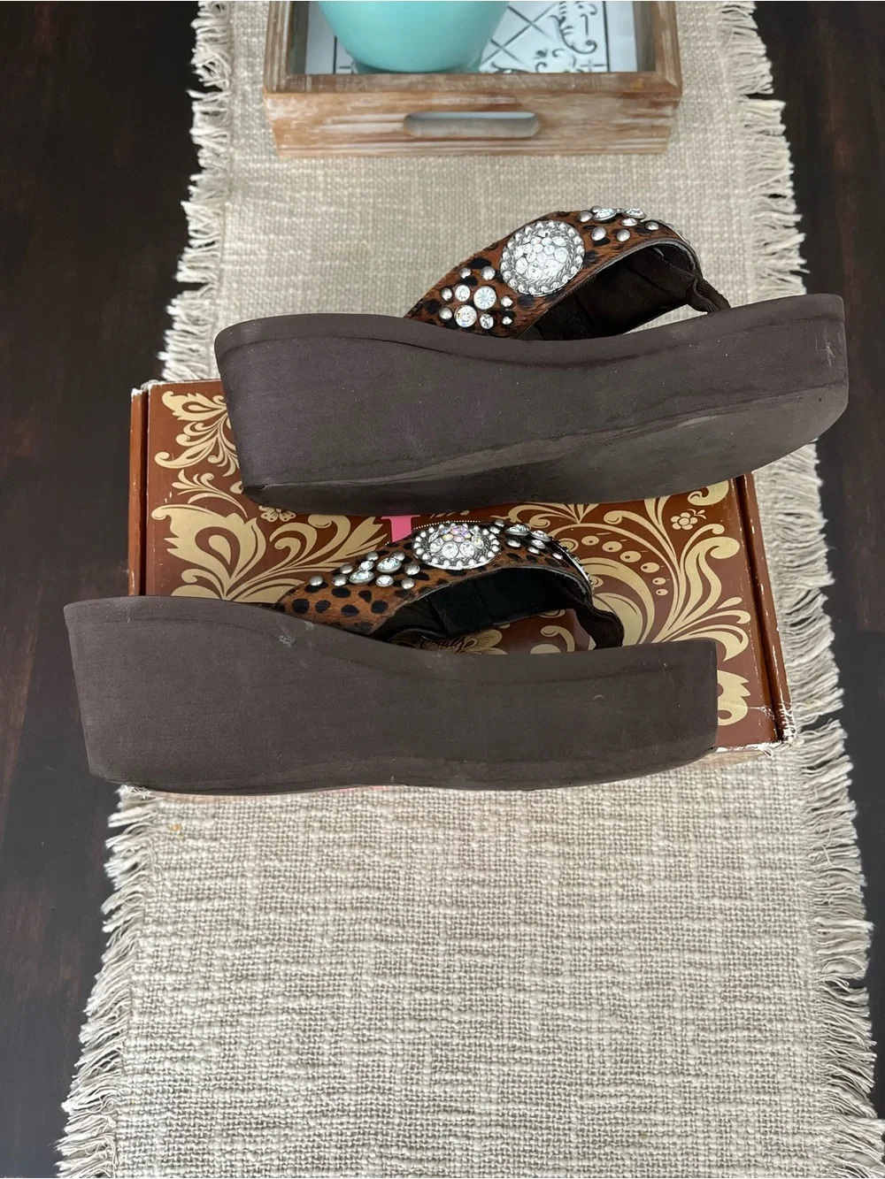 Brown Leopard Platform flip flops with Crystal Medallions